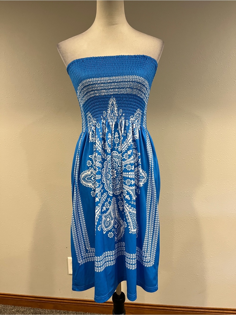 Venus Strapless Blue Smocked Sundress with White floral paisley Print size small
